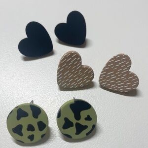 Set of 3 Whimsical Stud Earrings,  Heart and Animal Print Designs